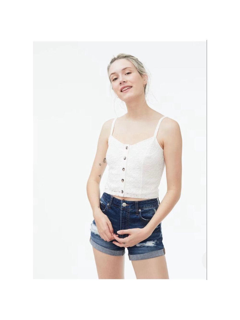 Aeropostale White Lace Button Cami Crop Top Size L